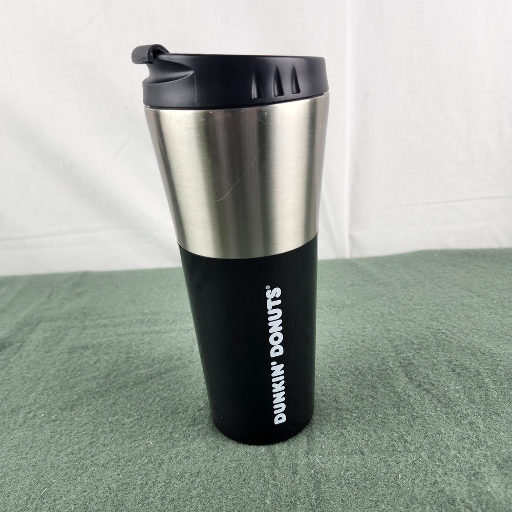 Dunkin Donuts Stainless Steel & Black Acrylic 15 Oz Travel Tumbler Mug